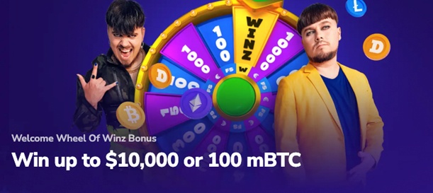 Wyns welcome wheel of winz bonus, showing players the chance of winning up to $10,000